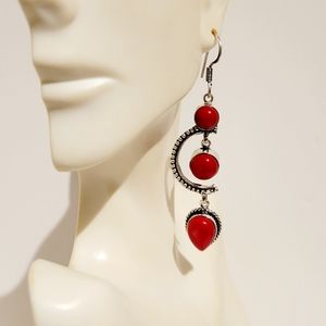 Natural Italian Red Coral 925 Silver Earrings - 3"